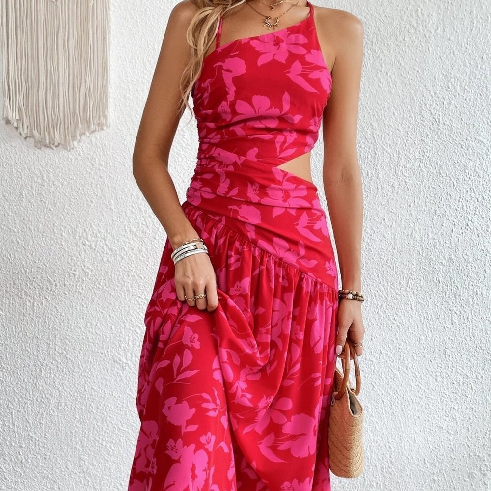 Pink Boho Womens Floral Print One Shoulder Cut Out Waist Ruffle Hem Dress - Picture 3 of 5